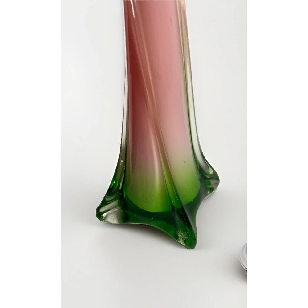 Vintage Jack in the Pulpit Red, Green Floral Hand Blown Bud Vase, Murano Style